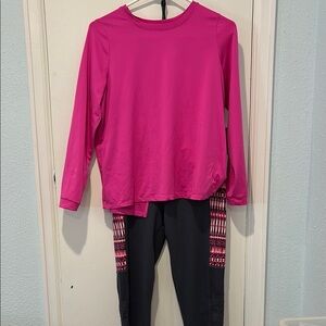 Workout Combo Pink Long Sleeve Top and Black Patterned Leggings Set